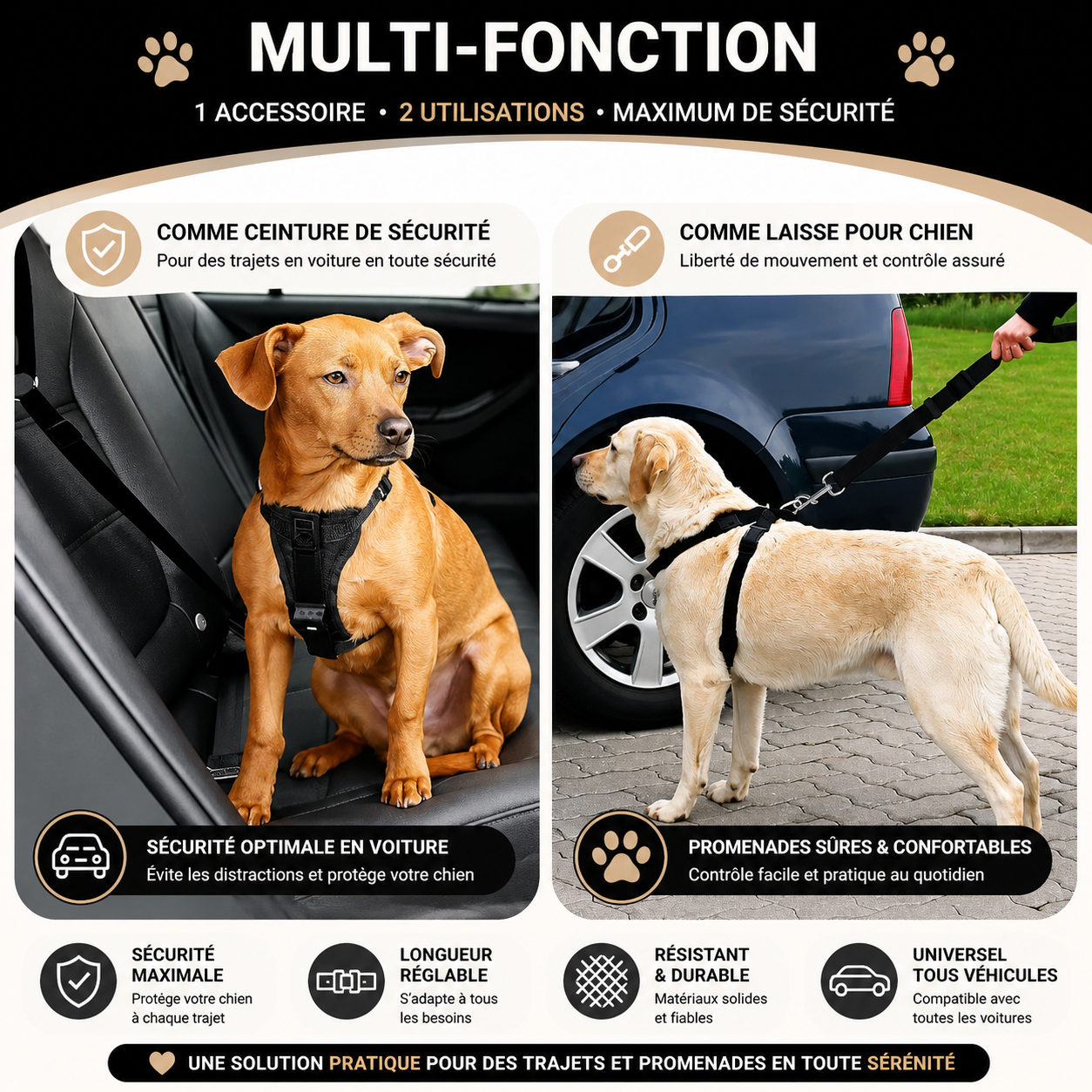 Ceinture de sécurité voiture pour chien