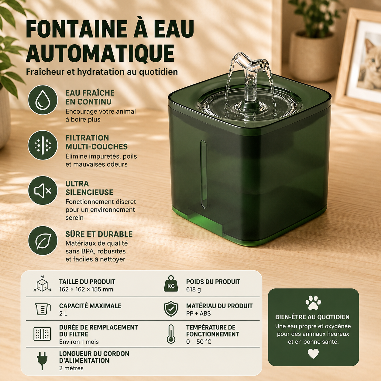 Fontaine à eau intelligente 2L pour chat et chien