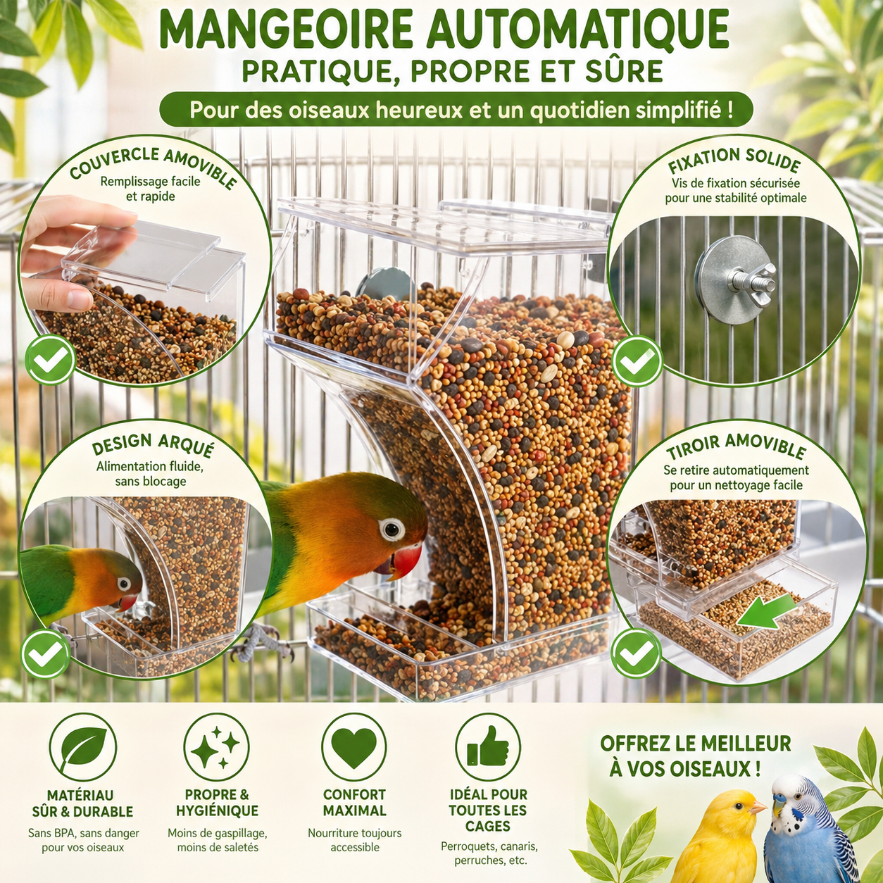 Mangeoire anti-gaspillage pour oiseaux