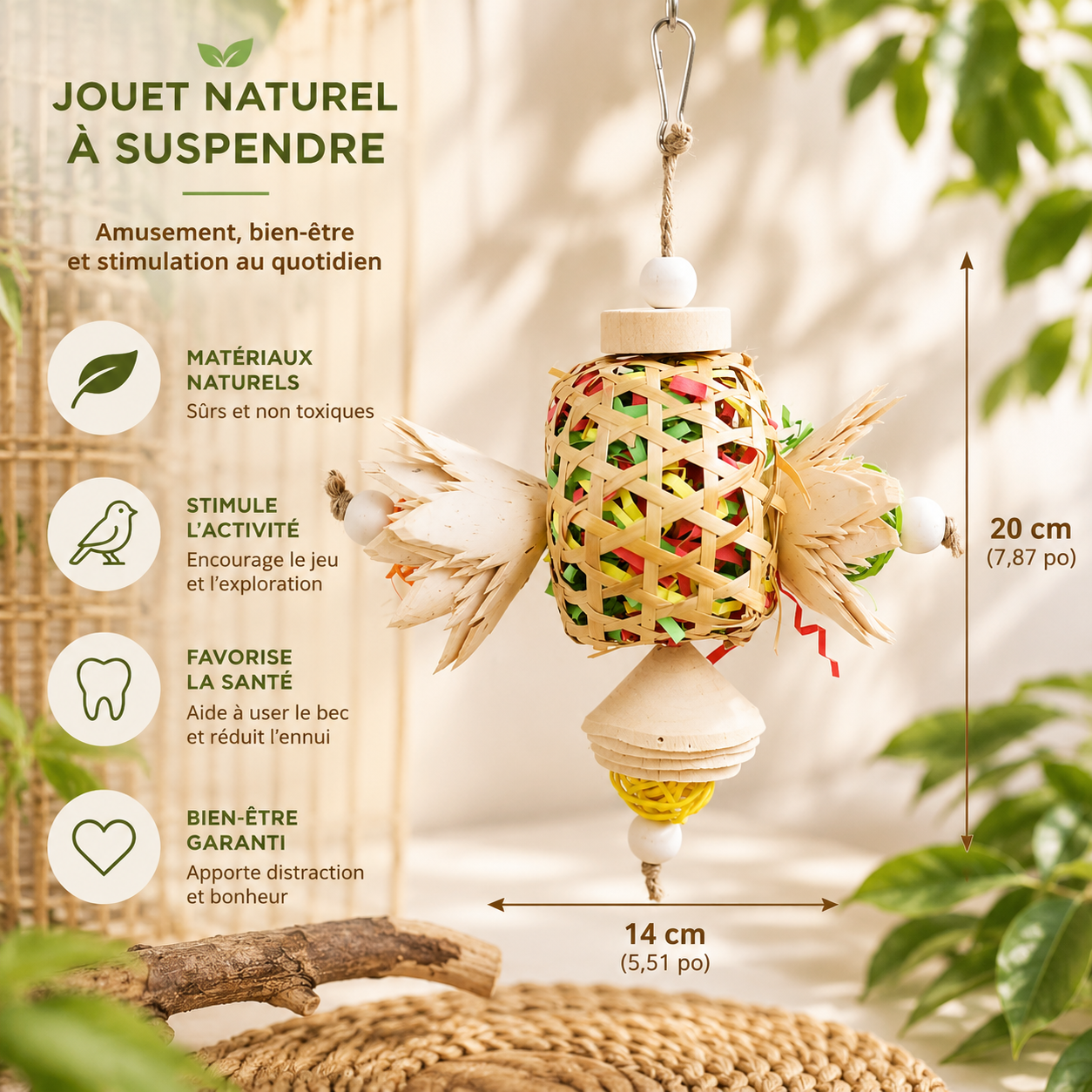 Jouet à mâcher en bois naturel pour perroquet
