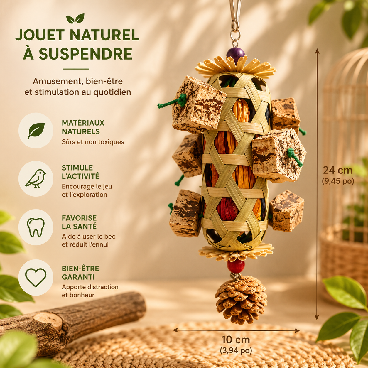 Jouet à mâcher en bois naturel pour perroquet