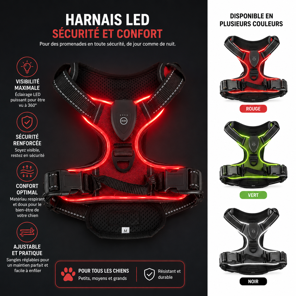 Harnais lumineux LED rechargeable pour chien
