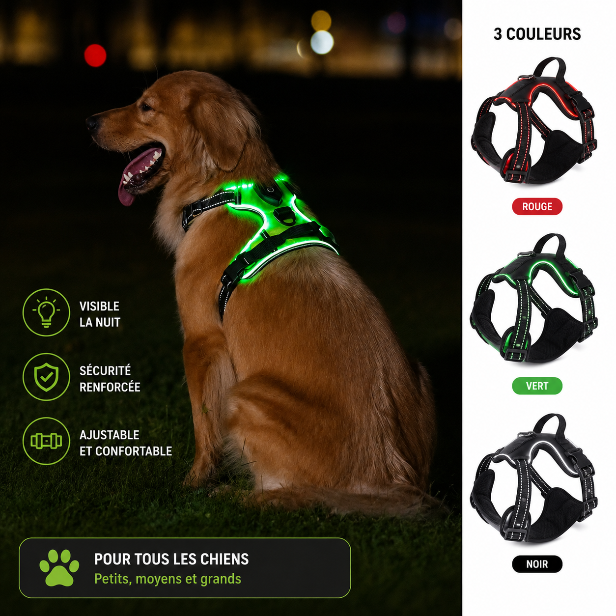 Harnais lumineux LED rechargeable pour chien