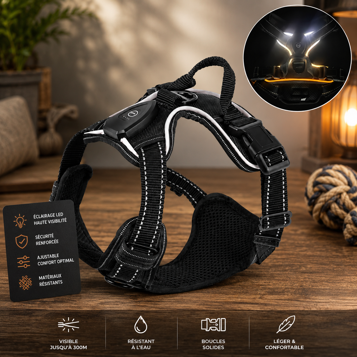 Harnais lumineux LED rechargeable pour chien