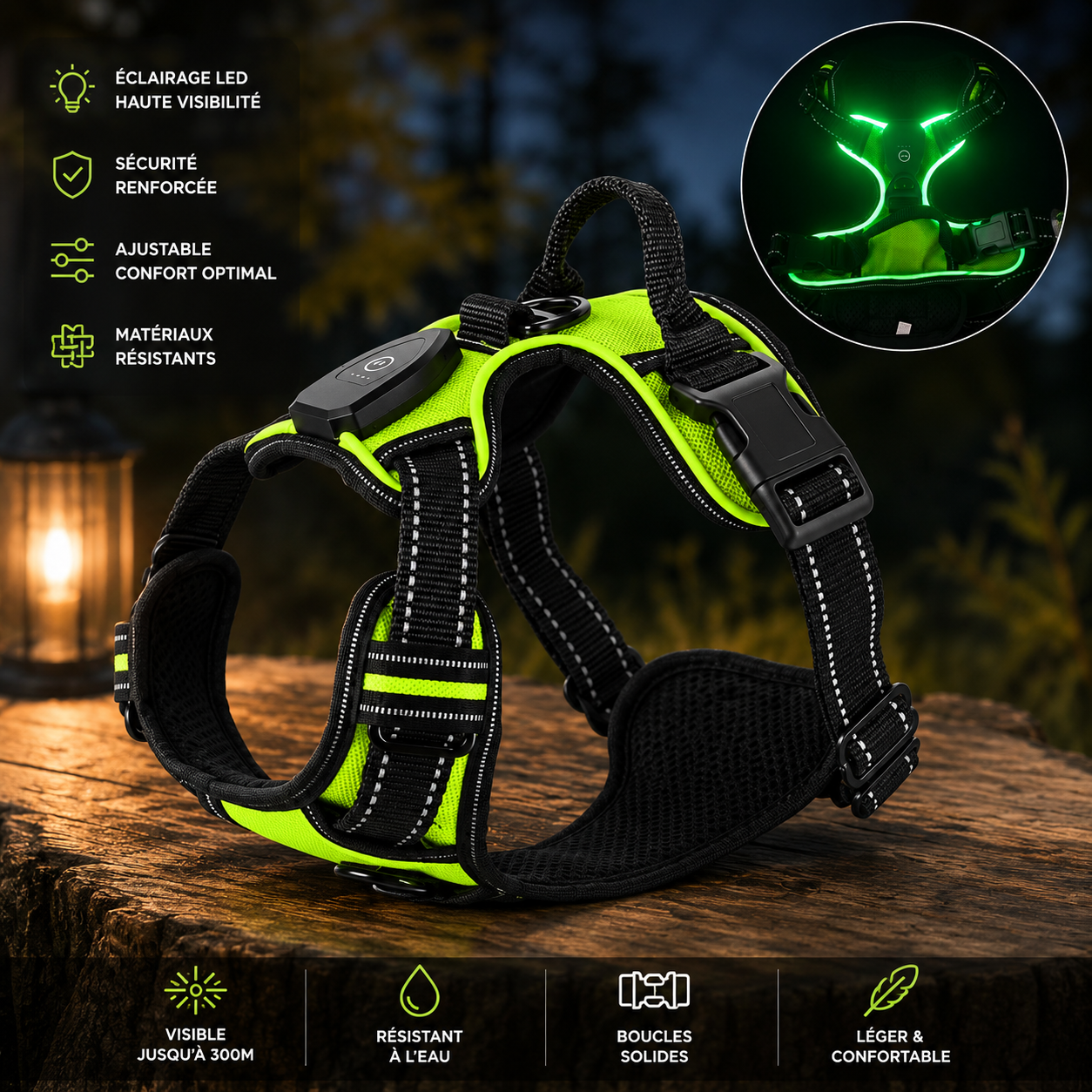 Harnais lumineux LED rechargeable pour chien