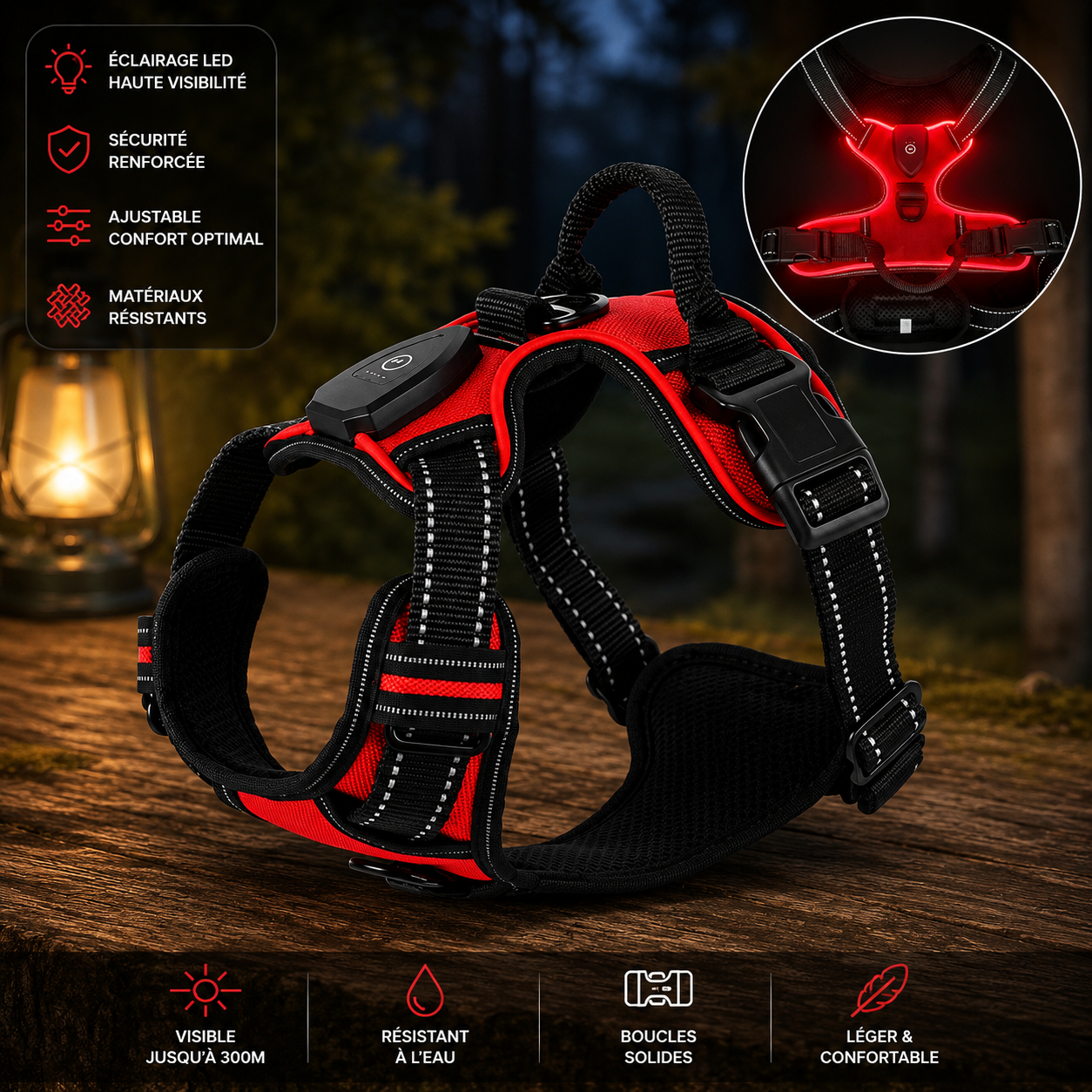 Harnais lumineux LED rechargeable pour chien
