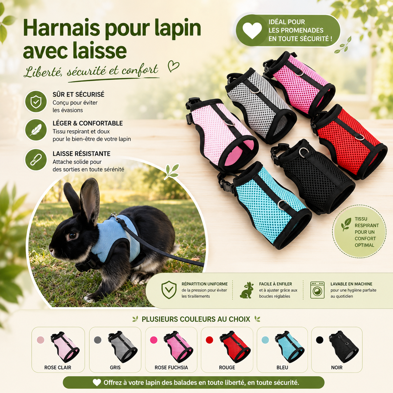Harnais et laisse réglables pour lapin