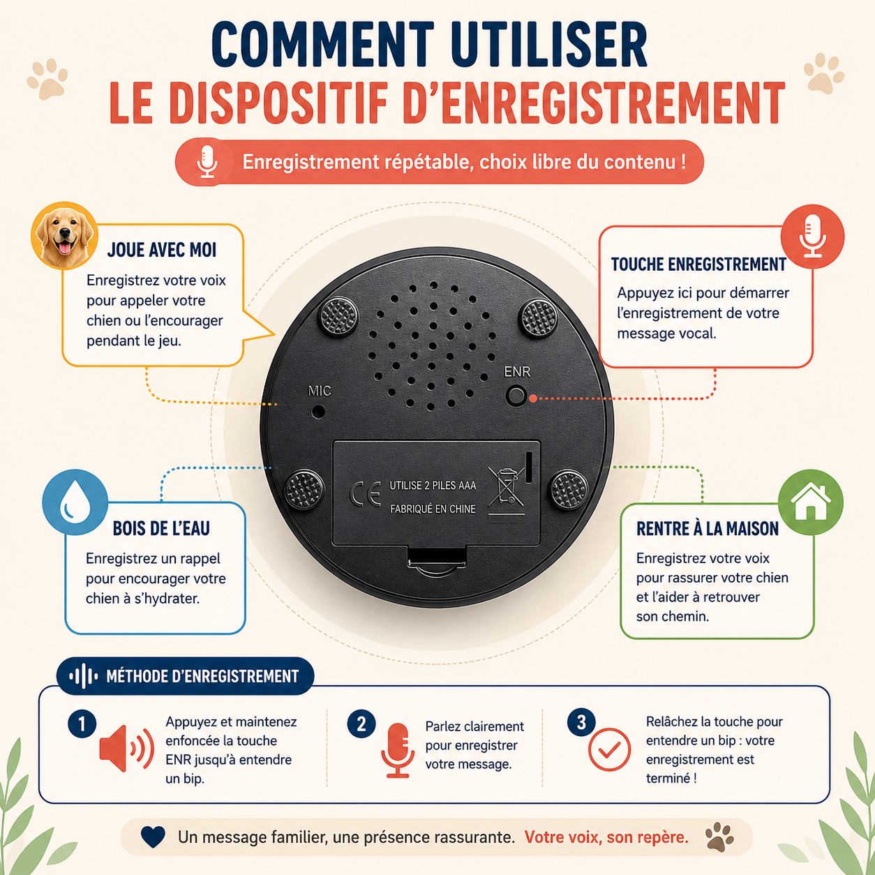 Bouton sonore enregistrable pour chien et chat